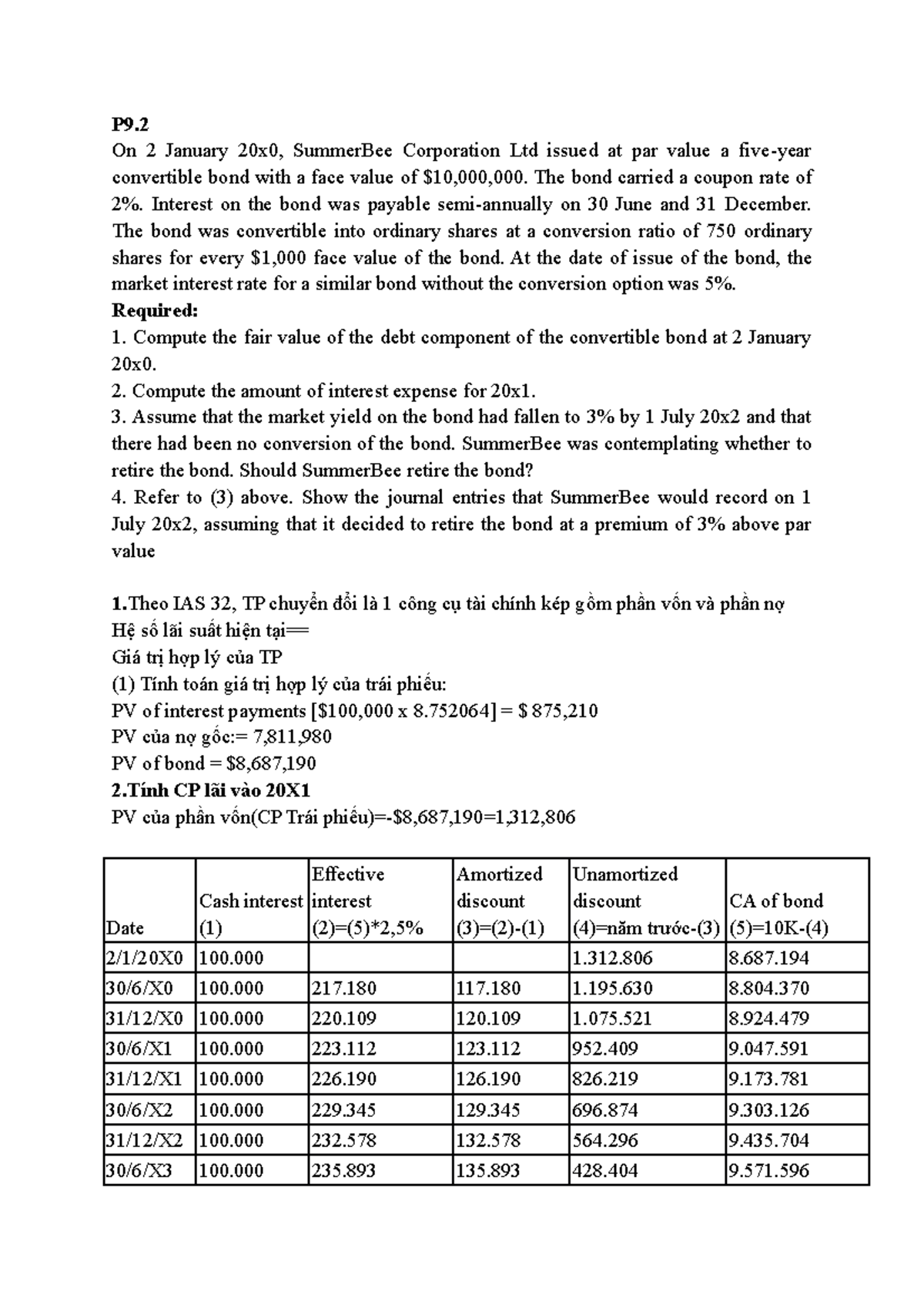 BT Ktqte P9.2 9.3 9.4 - P9. On 2 January 20x0, SummerBee Corporation ...