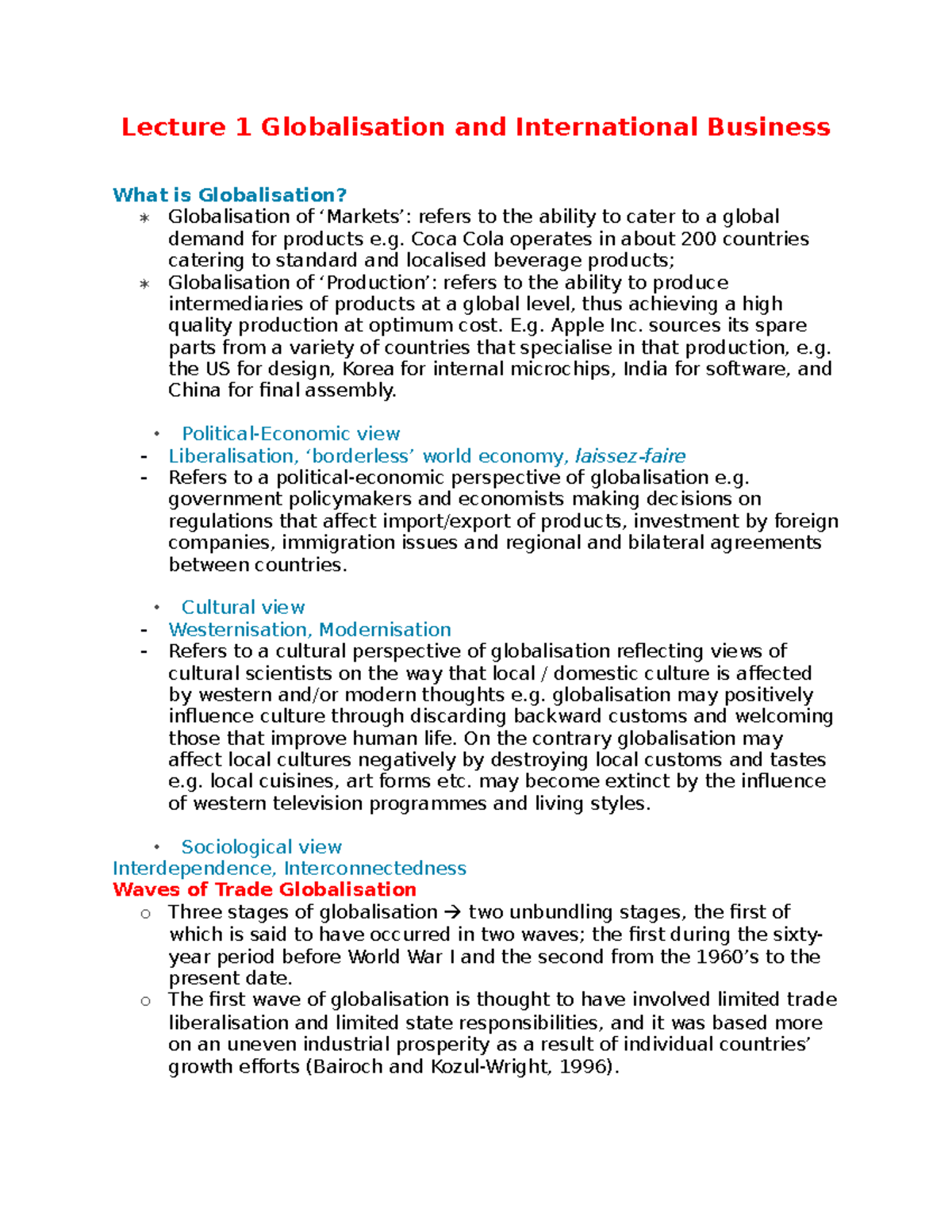 Lecture 1 - Lecture 1 Globalisation and International Business What is ...