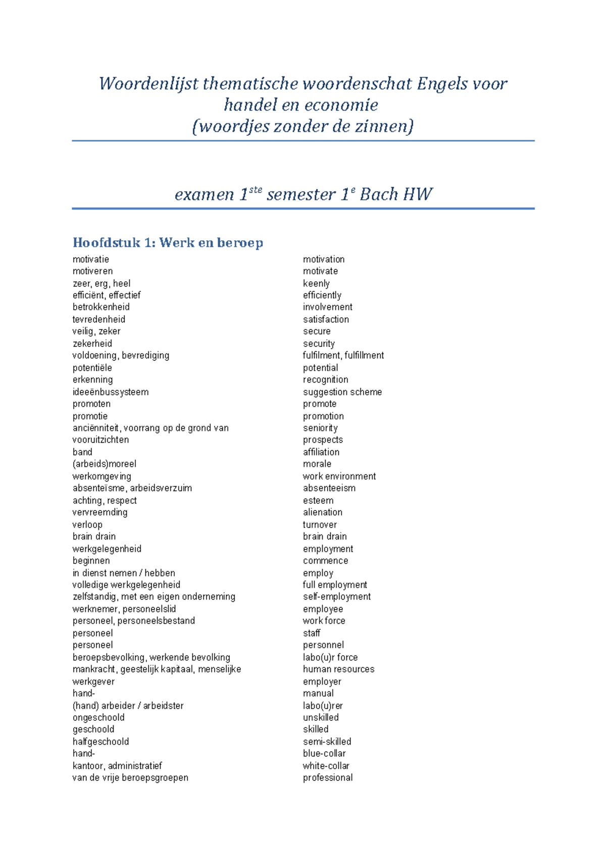 Volledige Woordenlijst Thematische Woordenschat Engels 1e BACH HW (te ...