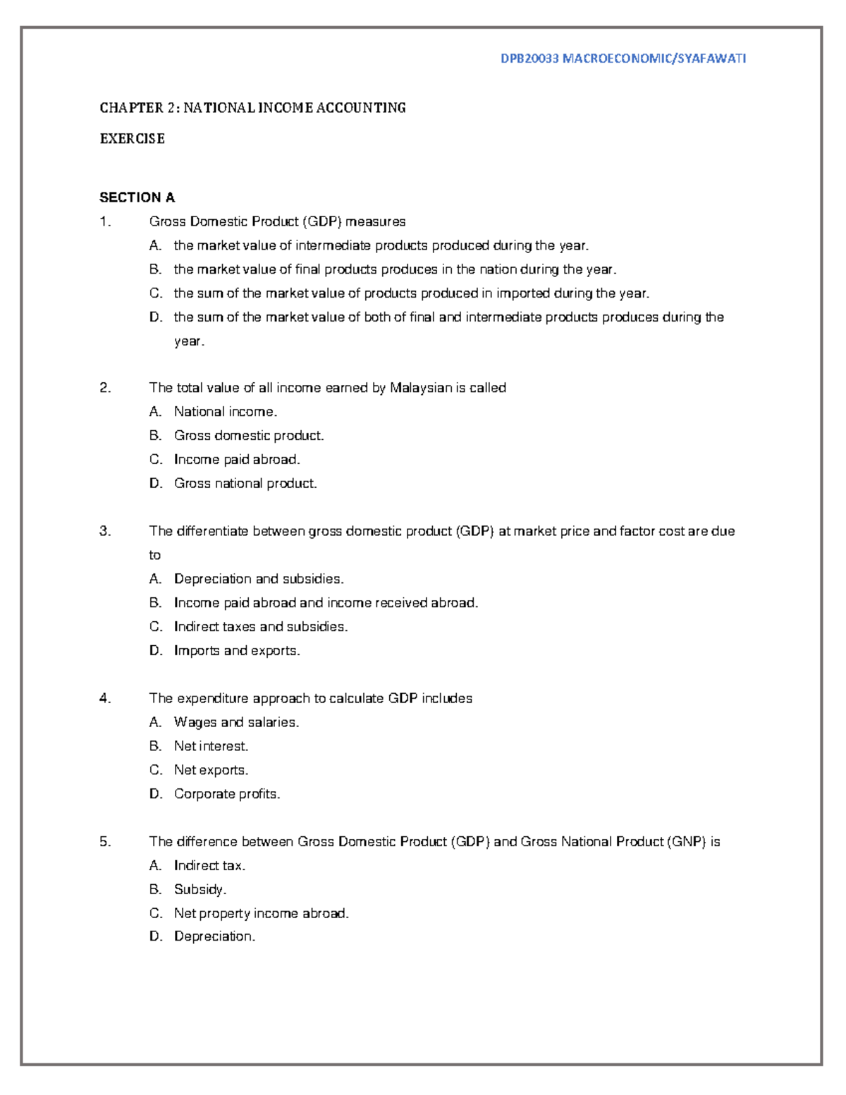 Chapter 2 Exercises - gdluck - CHAPTER 2: NATIONAL INCOME ACCOUNTING ...