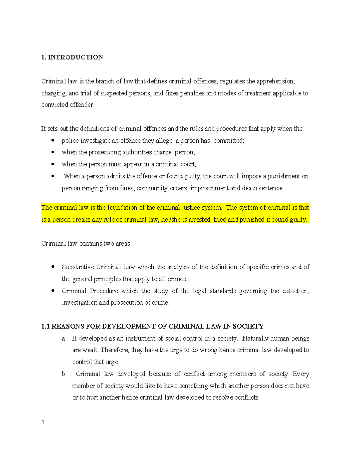 Introduction To Fundamentals Of Criminal Law - 1. INTRODUCTION Criminal ...