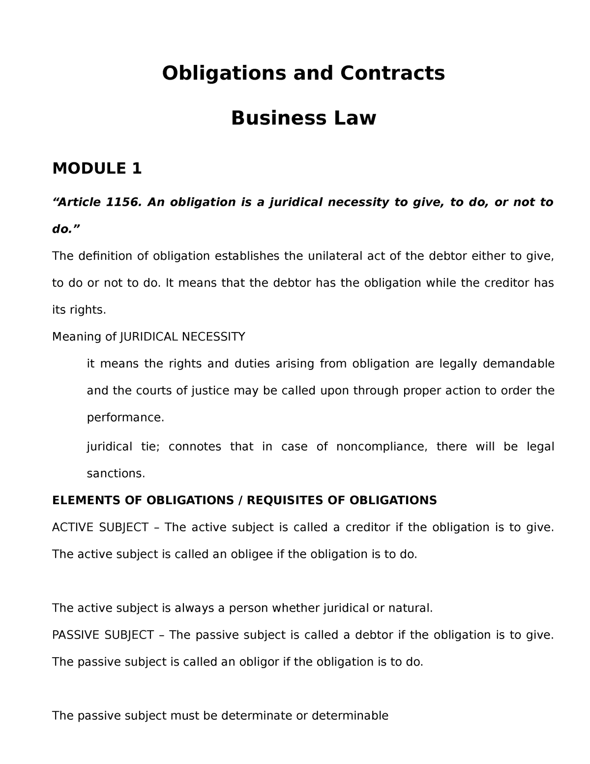 Oblicon Obligations And Contracts Business Law Detailed Summary Module And Module