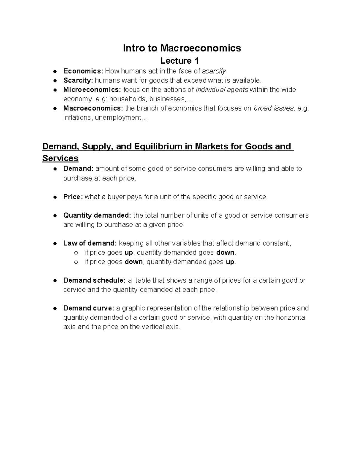 Macro Supply and Demand note - Intro to Macroeconomics Lecture 1 ...
