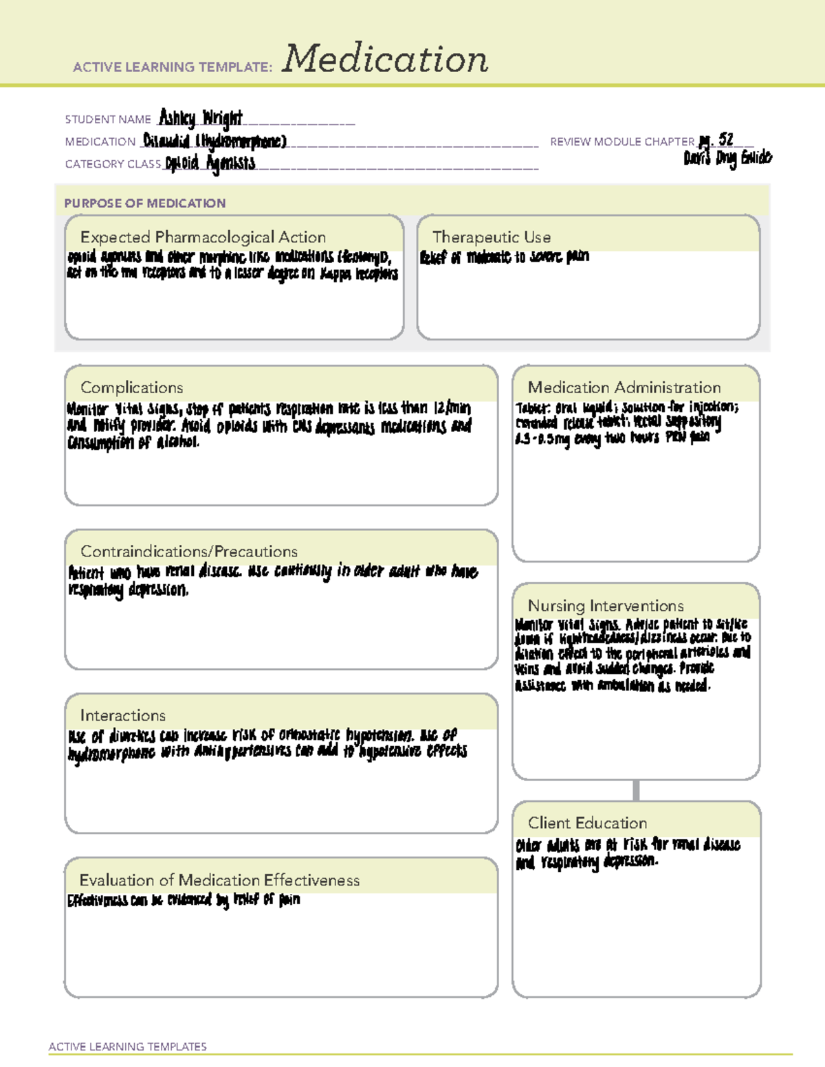 Clinical 3.8.24 Dilaudid - ACTIVE LEARNING TEMPLATES Medication STUDENT ...
