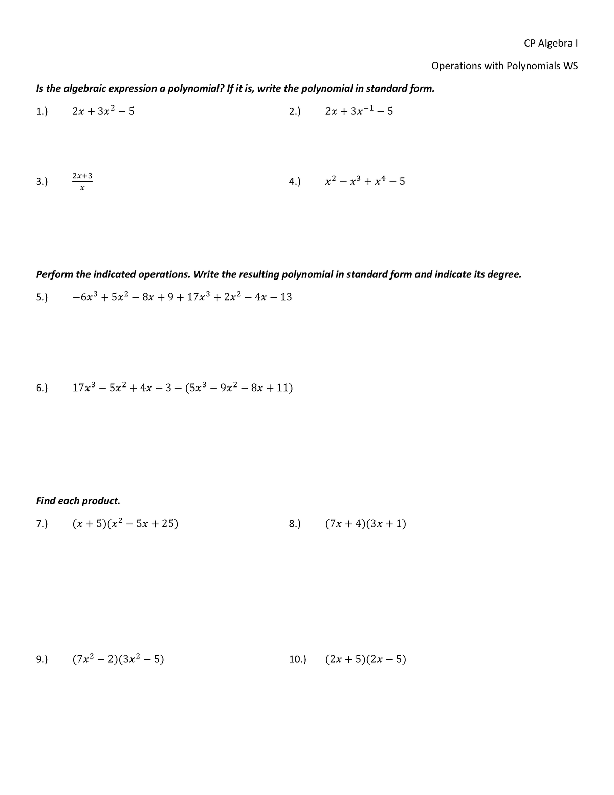 Polynomial Operations WS 2022 - CP Algebra I Operations with ...