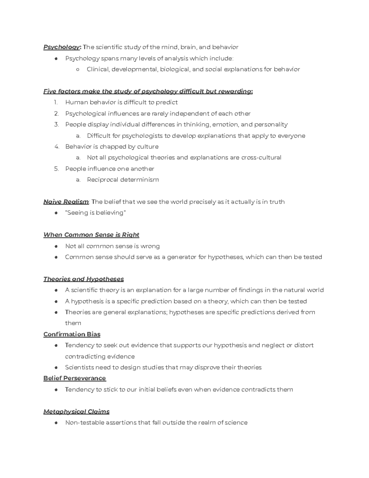 Foundations of Psychology Exam 1 Lecture Notes - Psychology : The ...