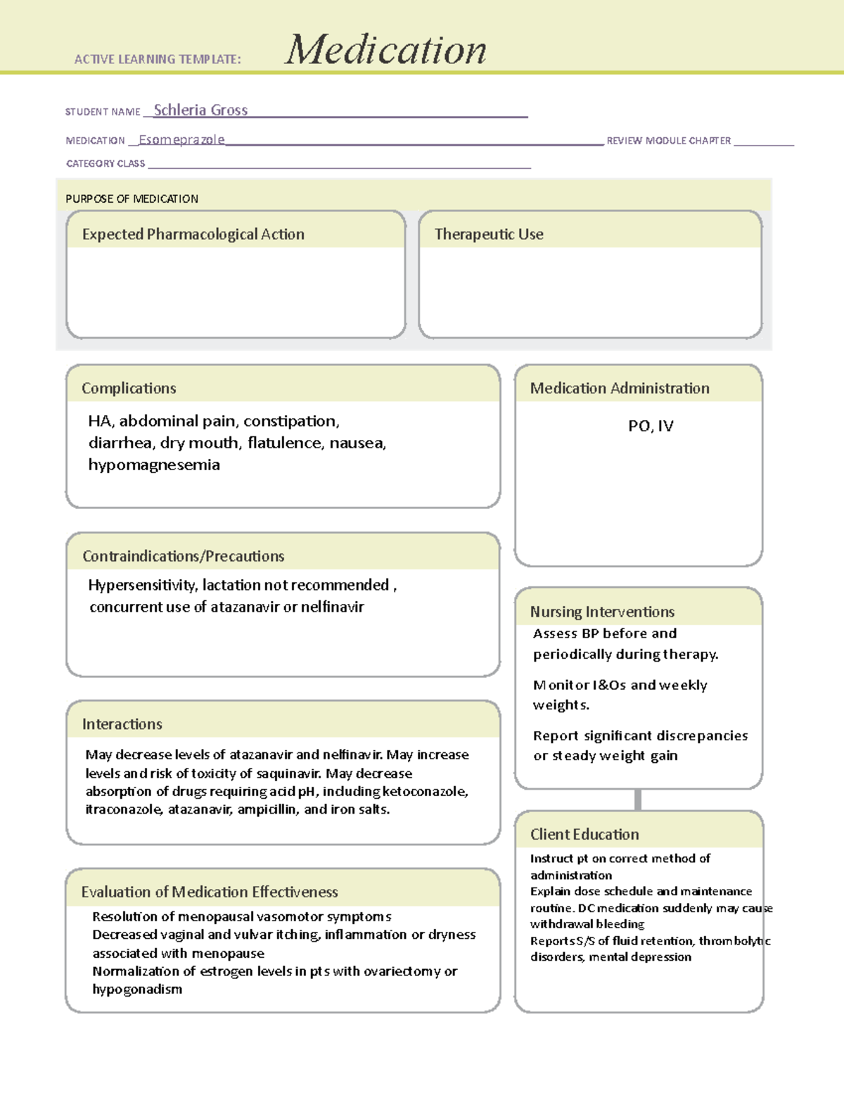 Esomeprazole Medication Template - STUDENT NAME Schleria Gross