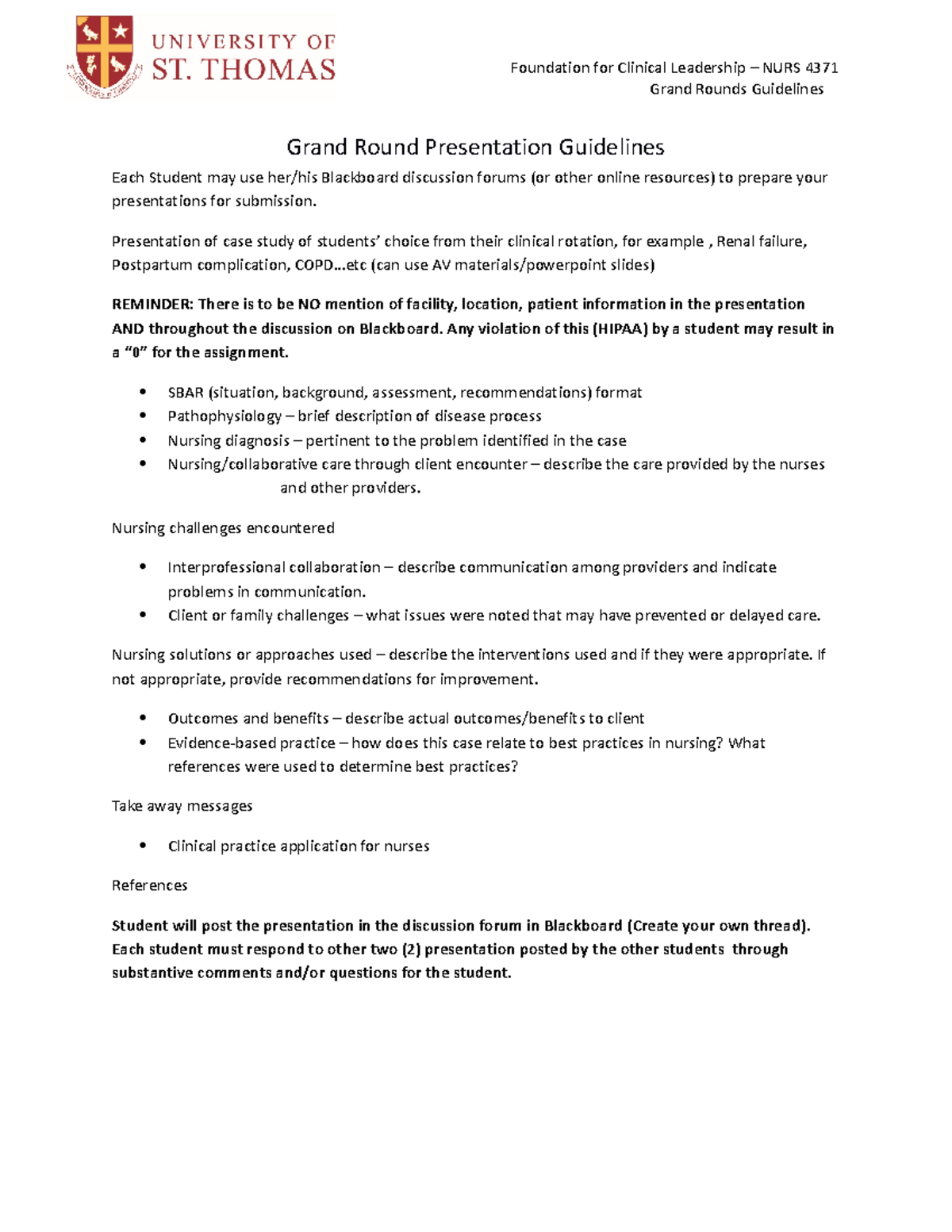 Guidelines for Grand Round Presentations - NURS 4371 (4) (2)(1 ...