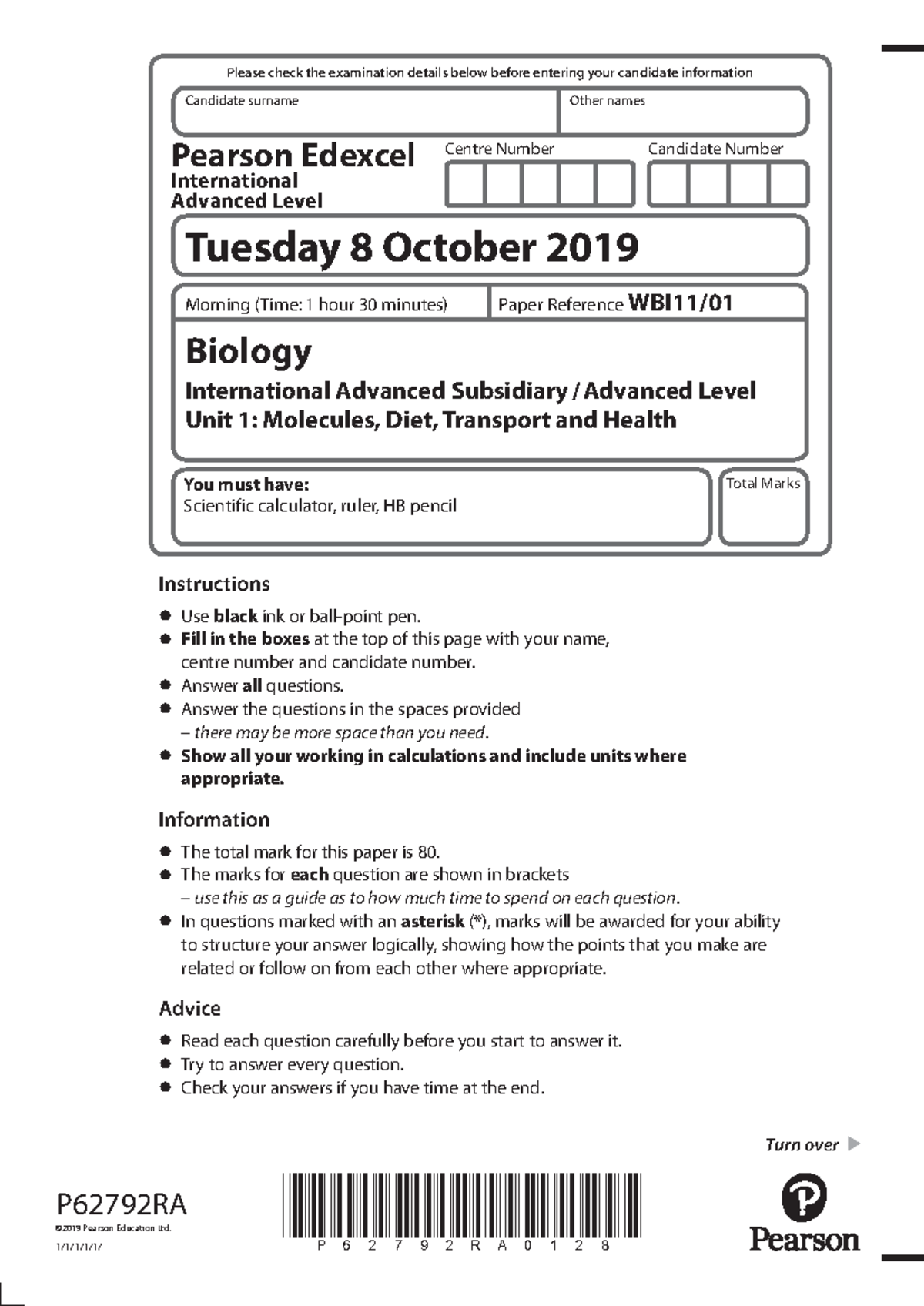 AS Biology Unit 1 Oct - Aas Unit Sor - Candidate Surname Other Names ...