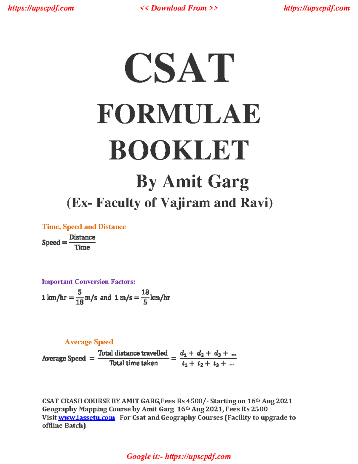CSAT formulae Booklet by Amit Garg - CSAT CRASH COURSE BY AMIT GARG ...