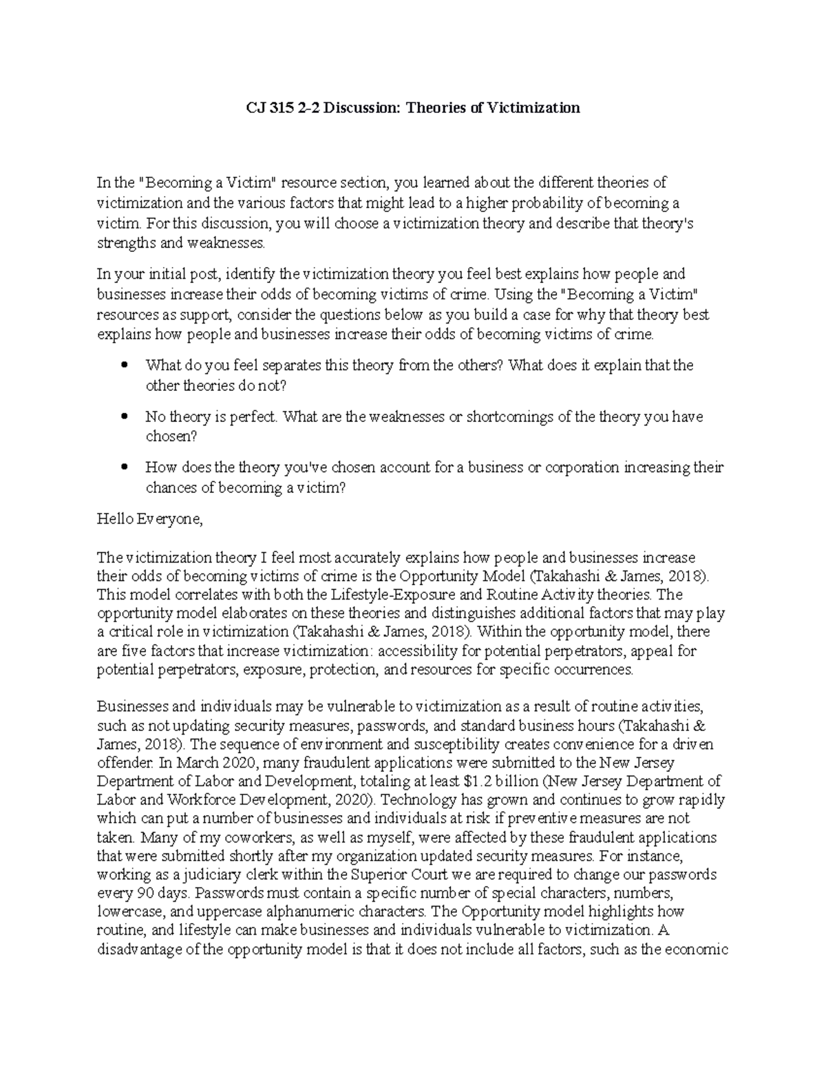 CJ 315 22 Discussion Theories of Victimization (12Jan23) CJ 315 22