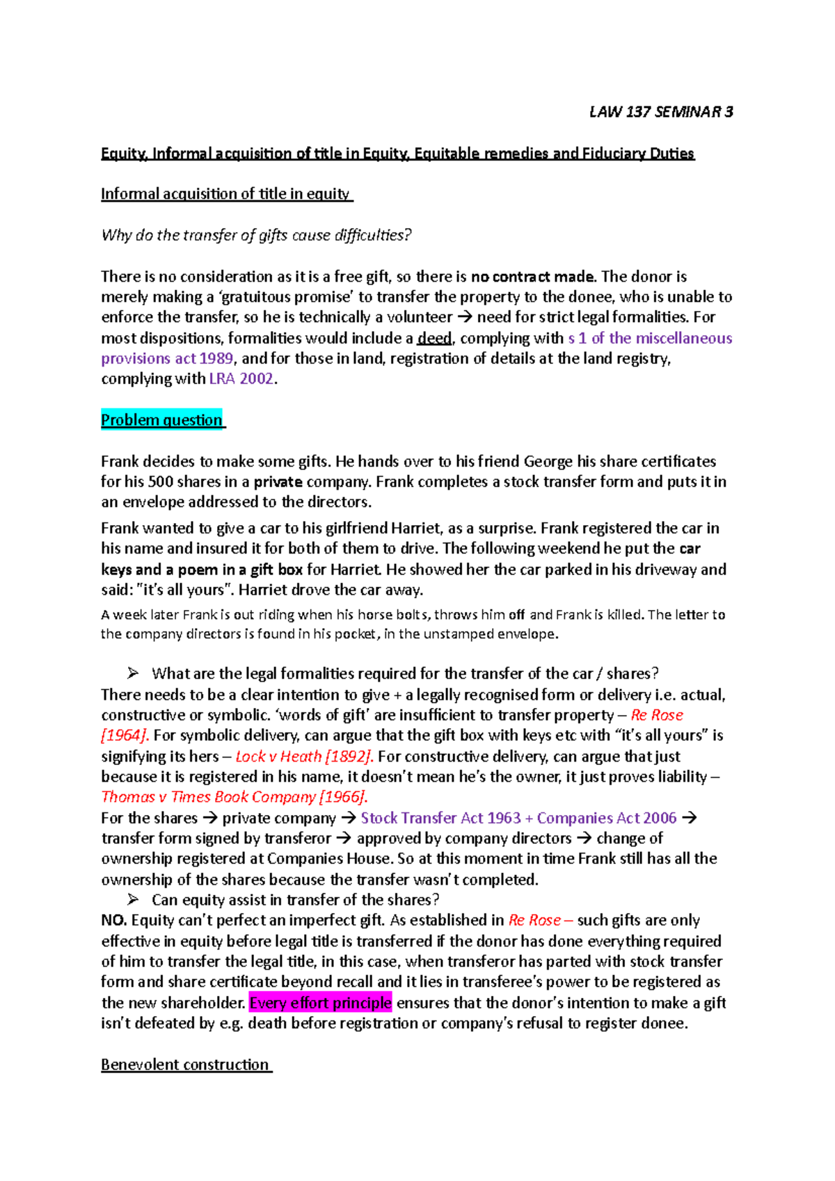 LAW 137 Seminar 3 LAW 137 SEMINAR 3 Equity, Informal acquisiion of