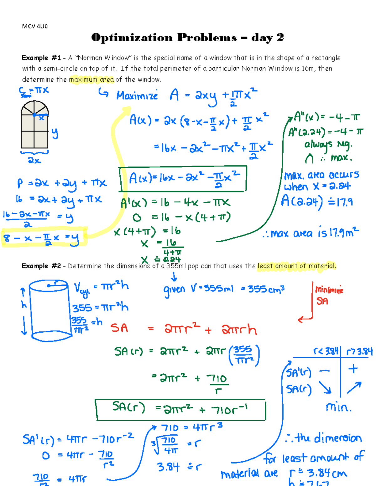 6 6 Optimization Lesson 2 Solutions Mcv 4u Optimization Problems 6 6 Optimization Lesson 2 Solutions Mcv 4u Optimization Problems