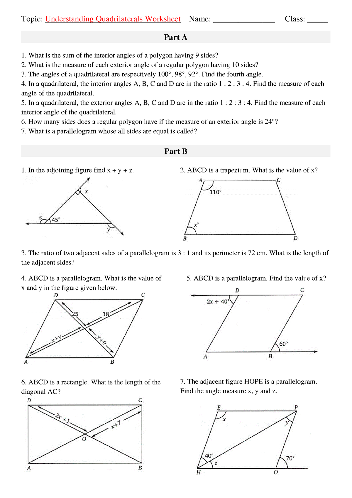 Quadrilaterals Worksheet - What is the sum of the interior angles of a ...