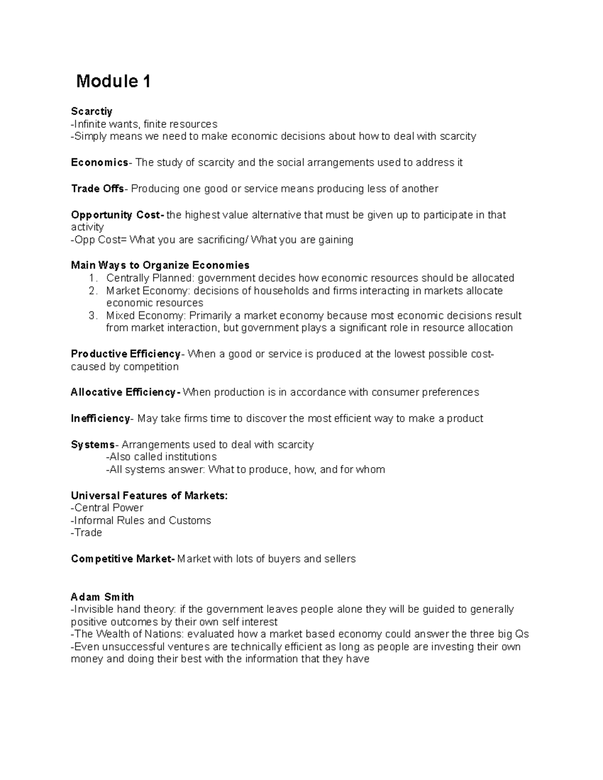 ECON 202 Exam 1 Modules 1-2 - Module 1 Scarctiy -Infinite Wants, Finite ...