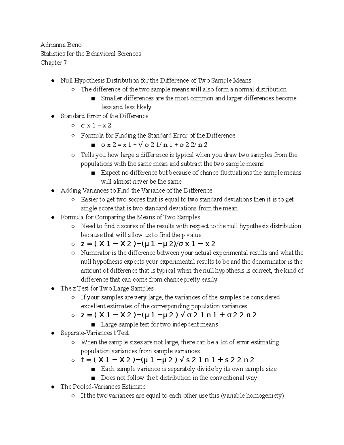 Chapter 7 - Textbook notes - Adrianna Beno Statistics for the ...