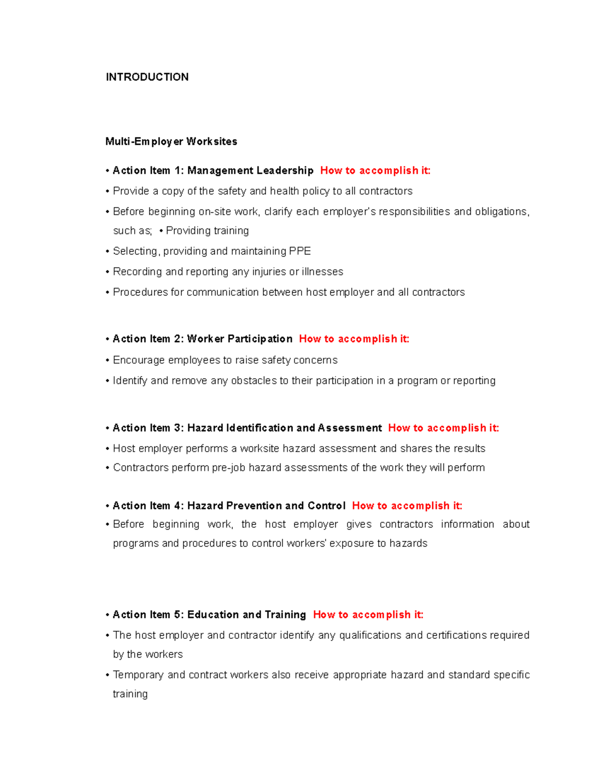 Safety Health 7 • Host employer performs a worksite hazard assessment and shares the results
