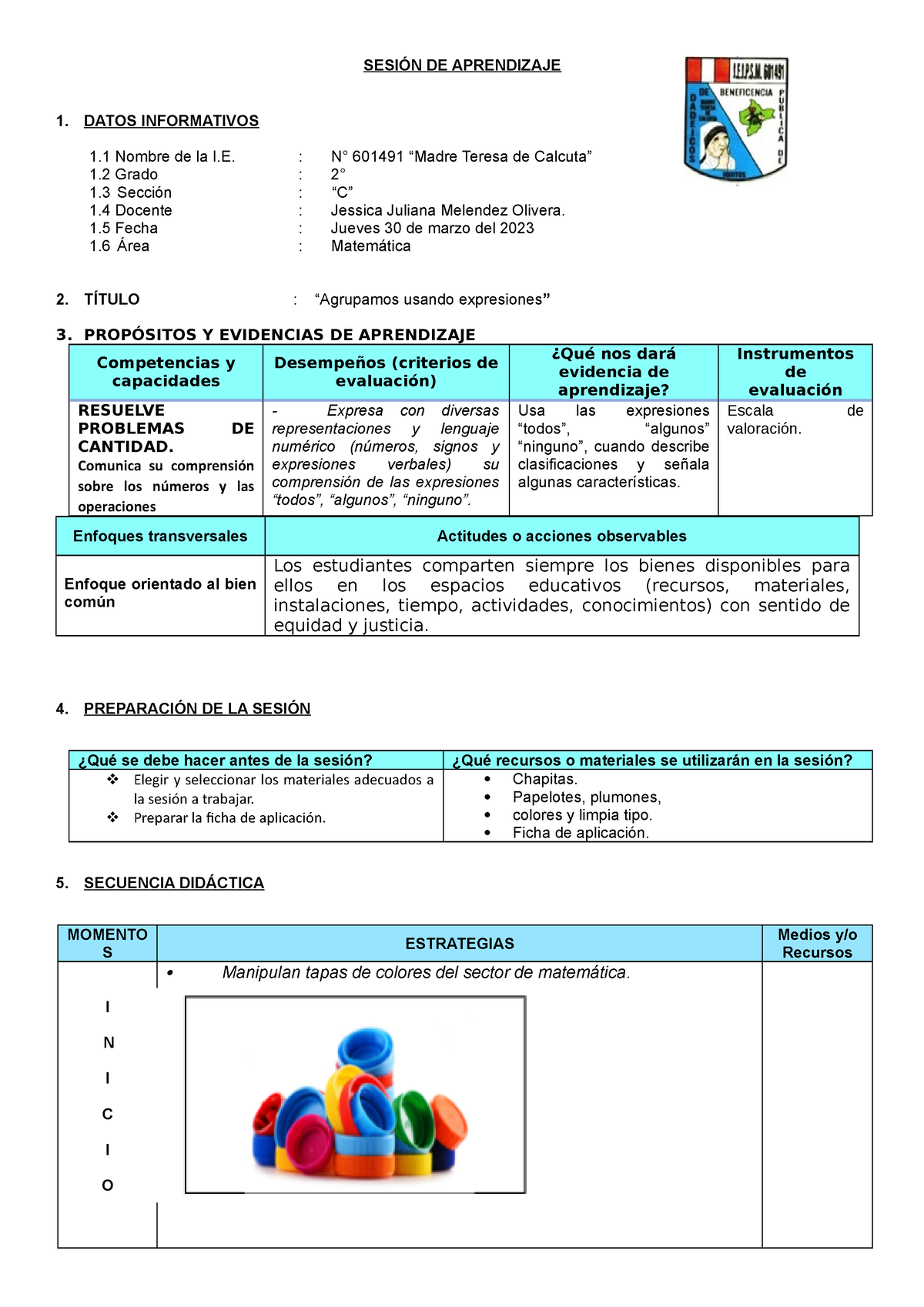 Sesion De Matematica Jueves 30 De Marzo 100313 - SESIÓN DE APRENDIZAJE ...