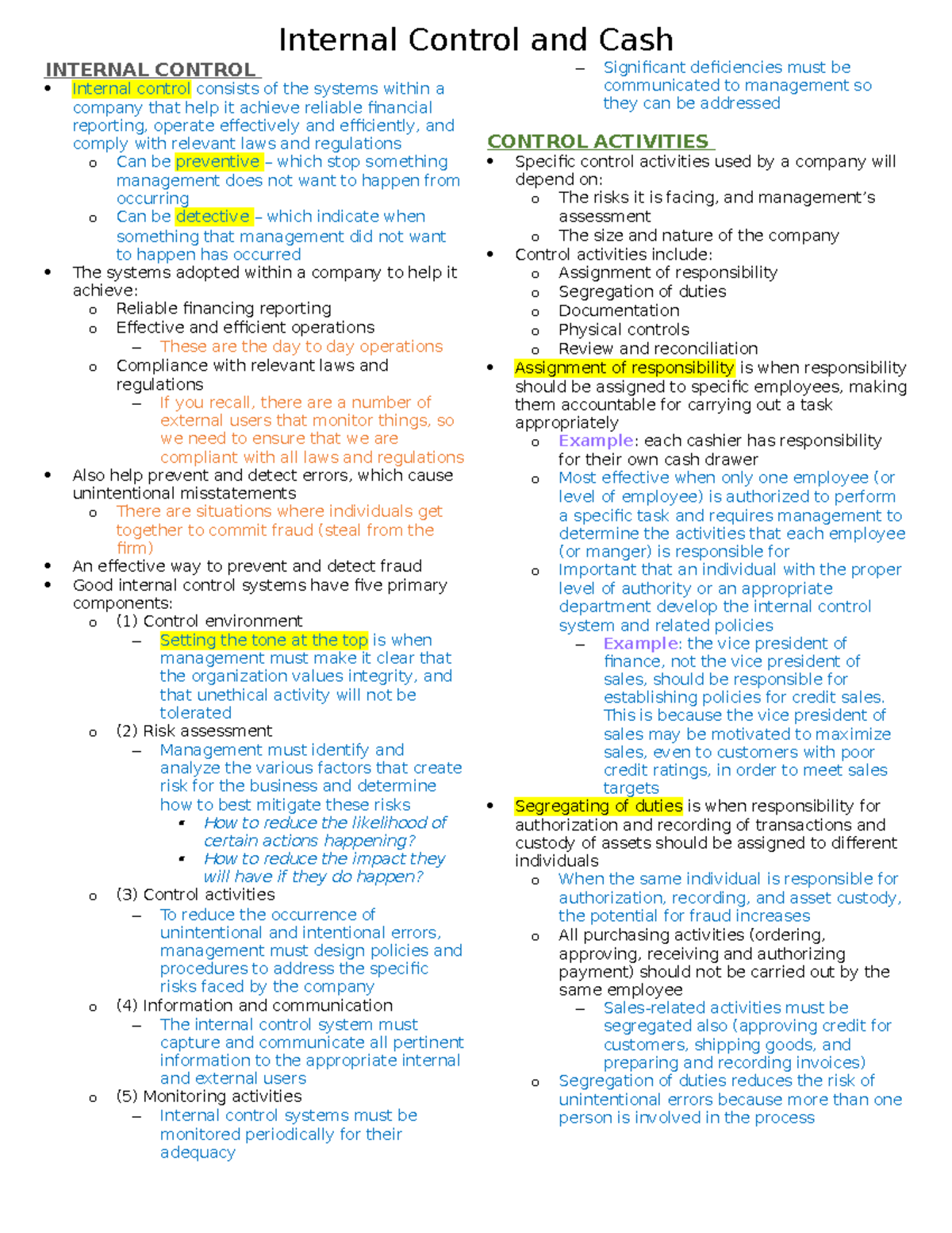 BUS 2002 - Chapter 7 - Internal Control and Cash INTERNAL CONTROL ...