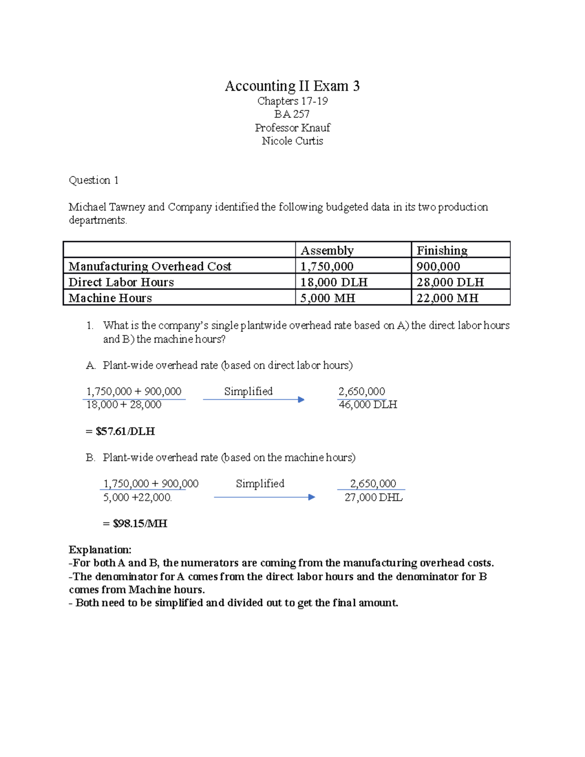 Accounting Exam 3 Key Accounting II Exam 3 Chapters 17 BA 257