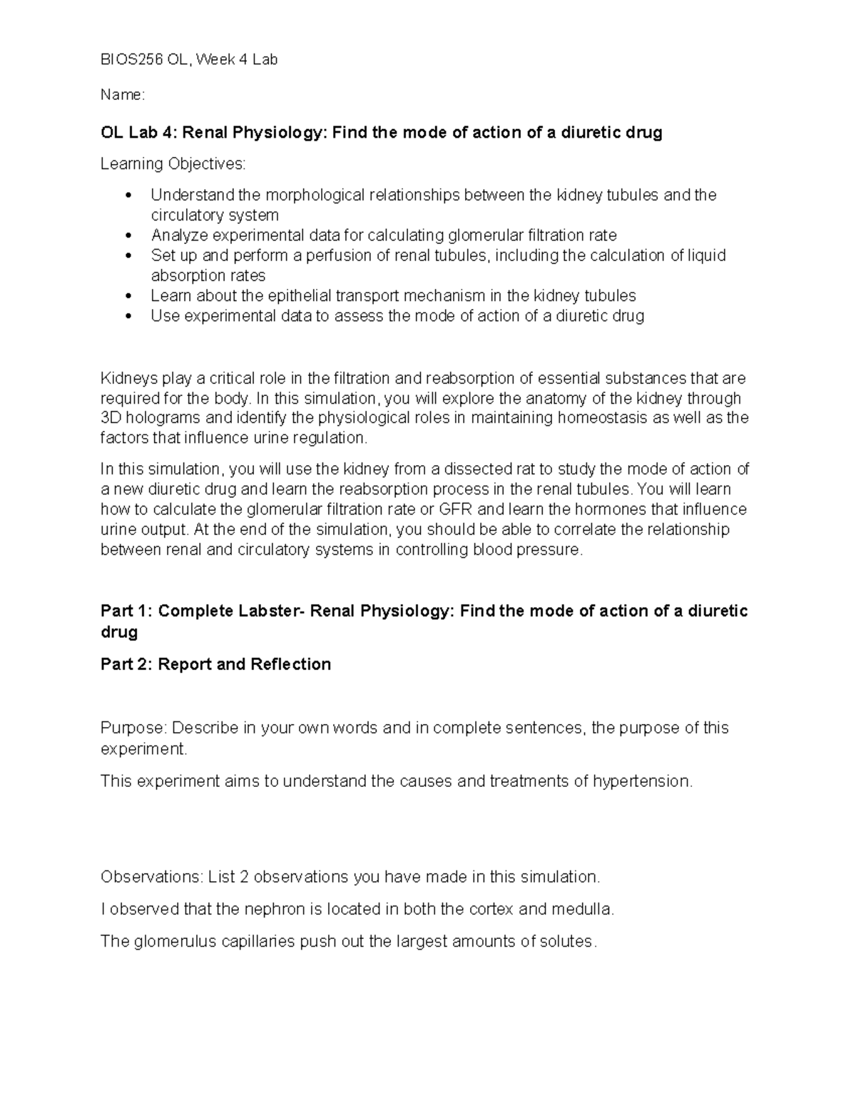 WK 4 LAB - wk 4 lab - BIOS256 OL, Week 4 Lab Name: OL Lab 4: Renal ...