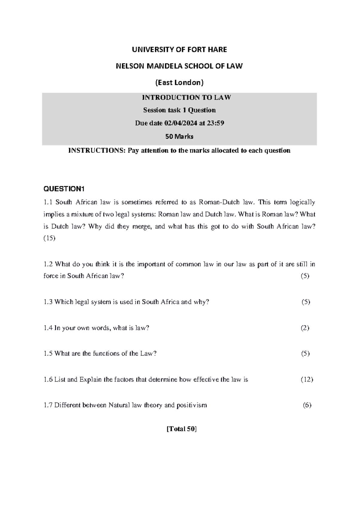 Introduction To Law Task 1 Copy University Of Fort Hare Nelson Introduction To Law Task 1 Copy University Of Fort Hare Nelson