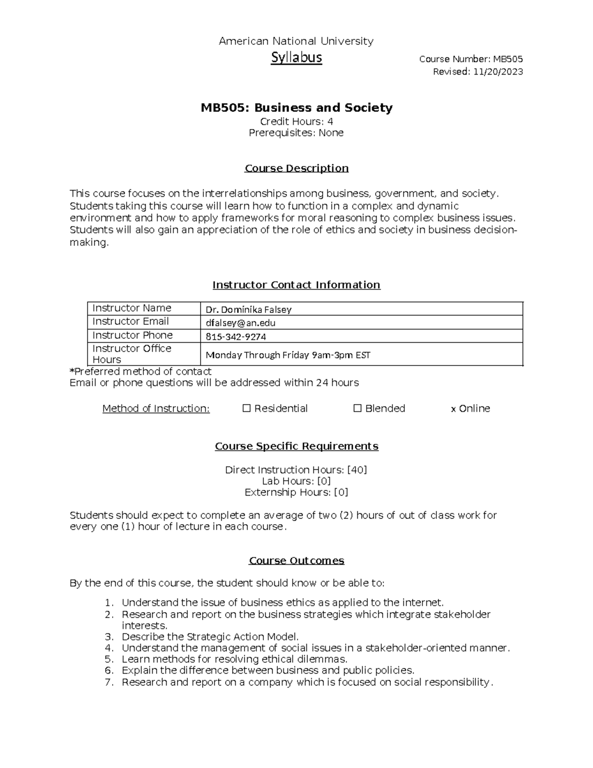 MB505 - assignment - Syllabus Course Number: MB Revised: 11/20/ MB505 ...