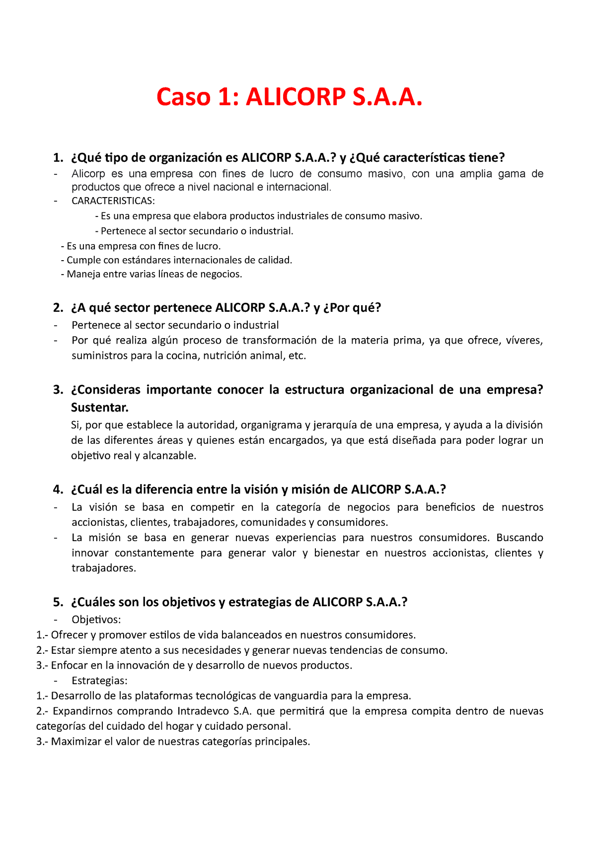 Certus Alicorp Preguntas Caso Alicorp S A Qu Tipo De