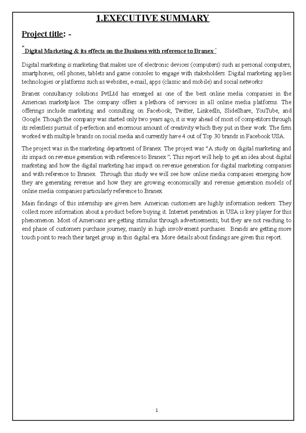 Final Project Report On Digital Marketin 1 SUMMARY Project Title