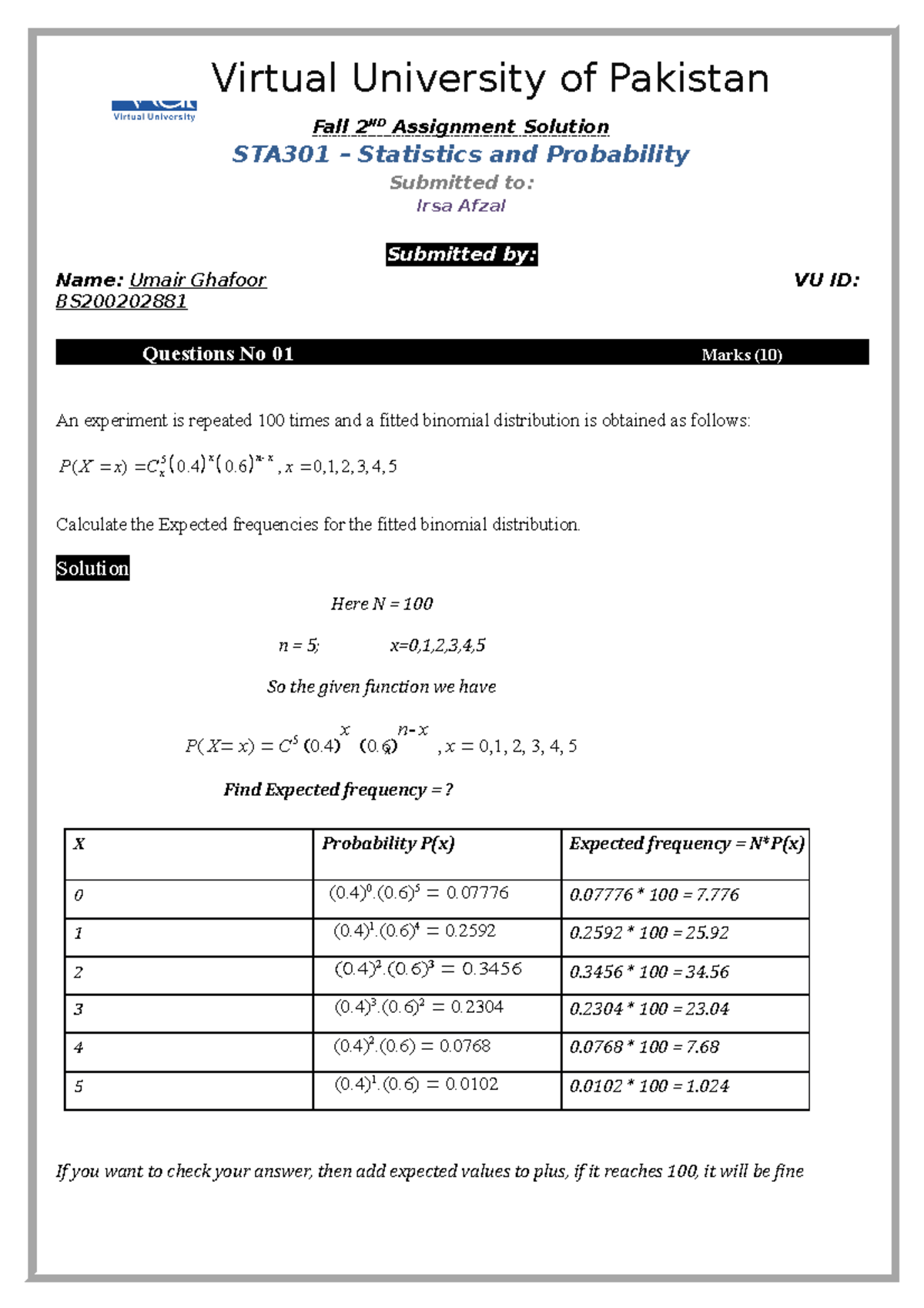 STA301 2 - CS601 Assignelemtn - Virtual University Of Pakistan Fall 2 ...