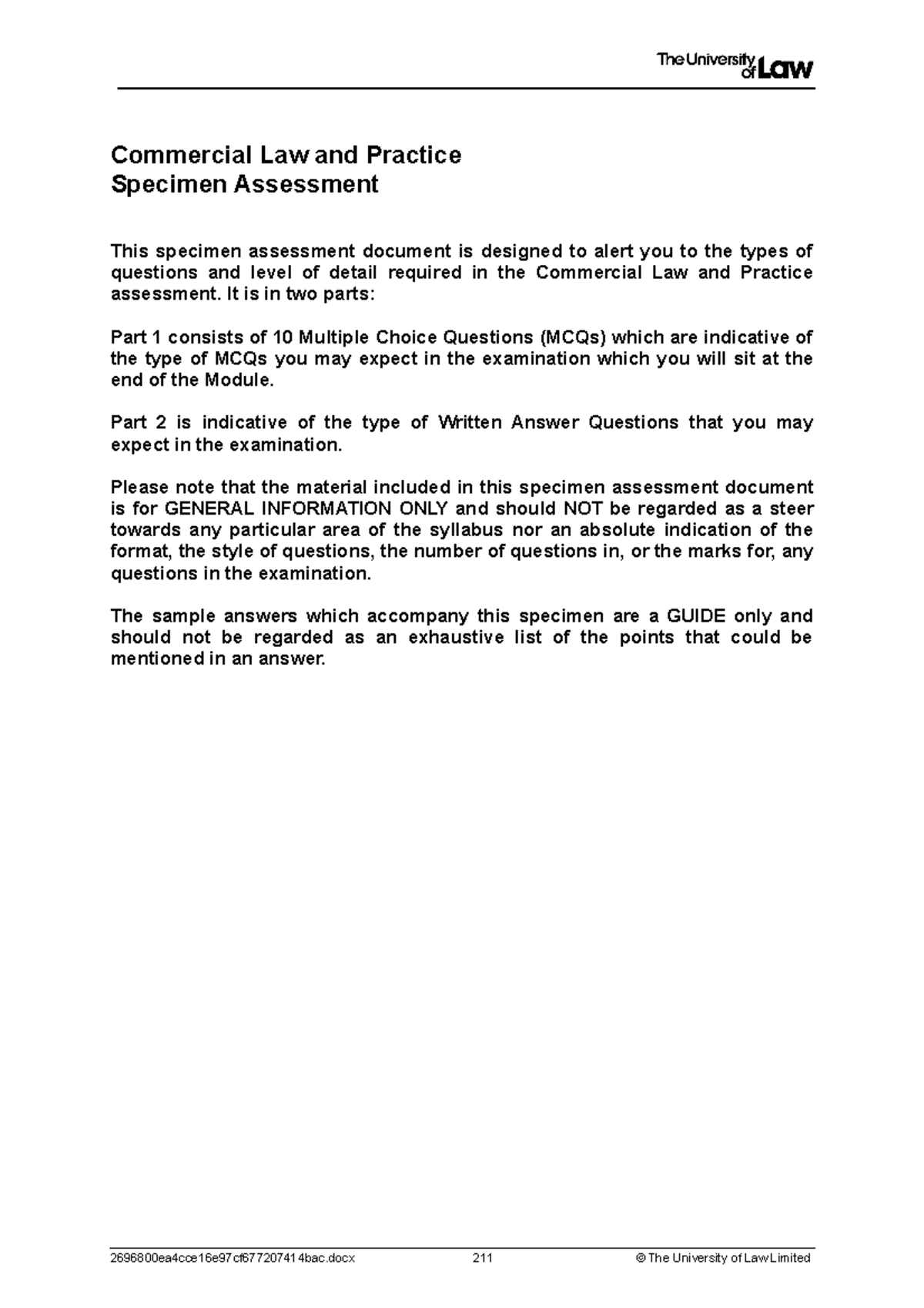 2122 comm ce01 specimen assessment t Commercial Law and Practice