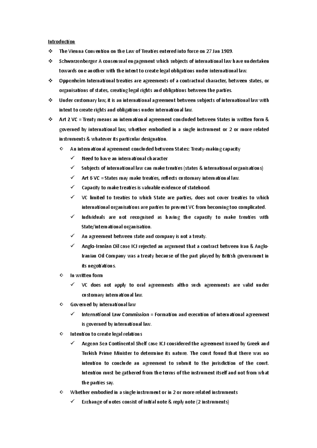 The Law of Treaties - Notes done for exam purposes. - Introduction The ...