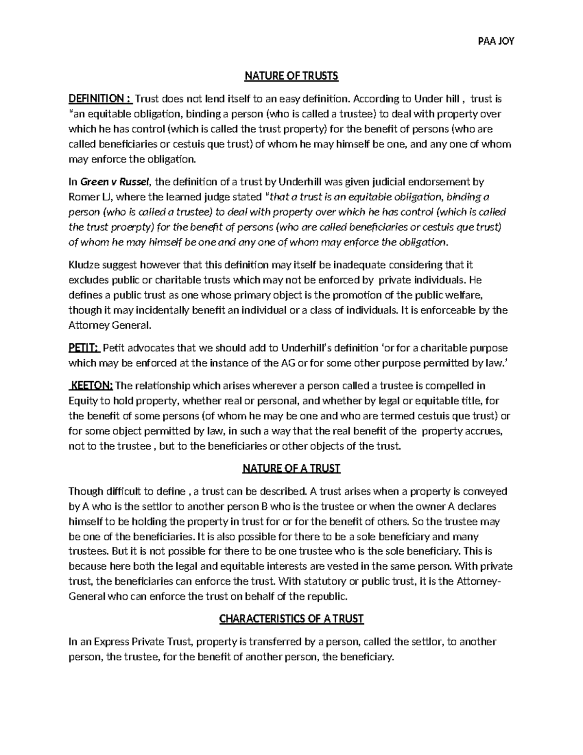 THE LAW OF Trusts - NATURE OF TRUSTS DEFINITION : Trust does not lend ...