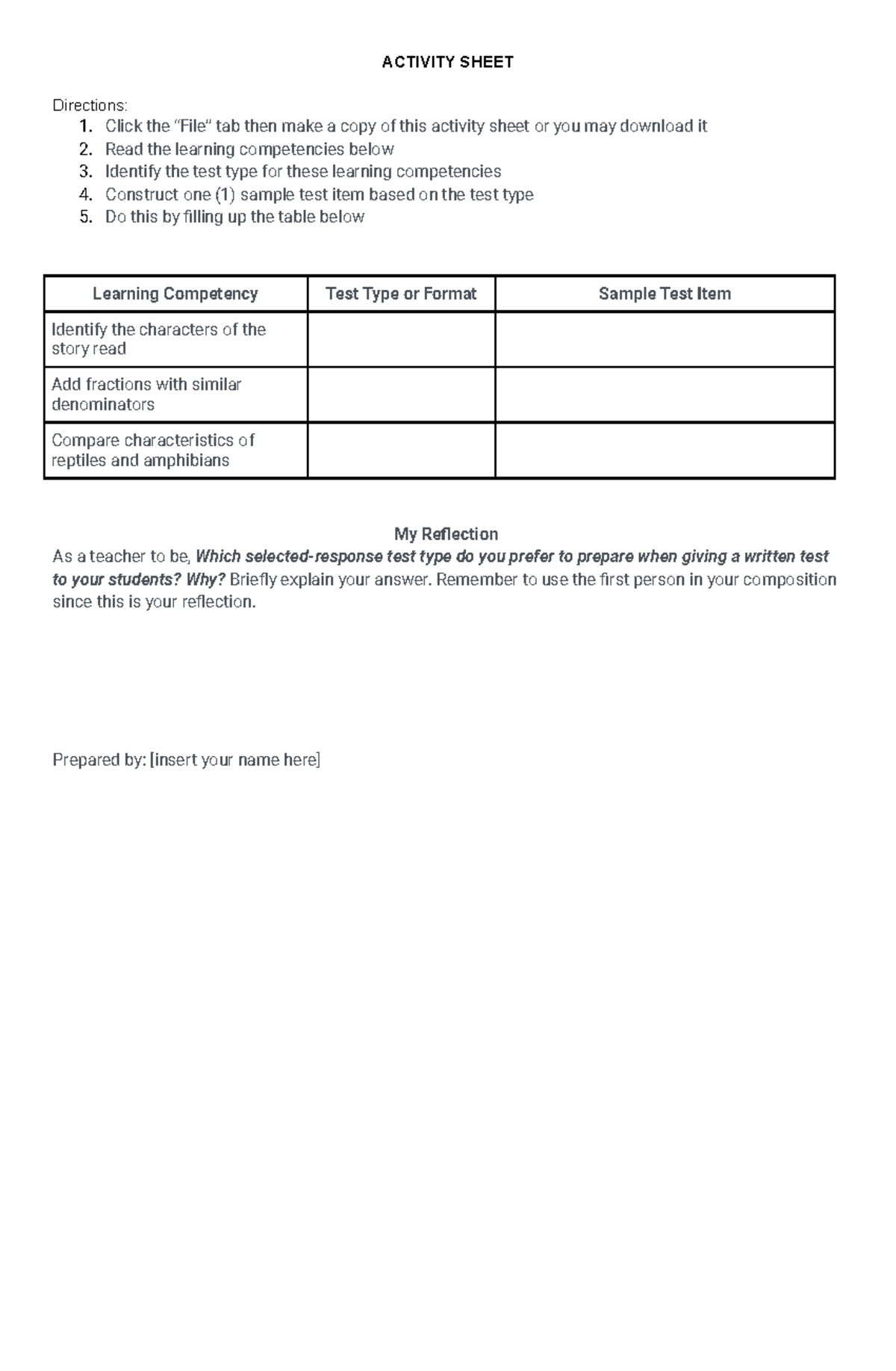 Activity Sheet for Lesson 3- Practice - ACTIVITY SHEET Directions: 1 ...