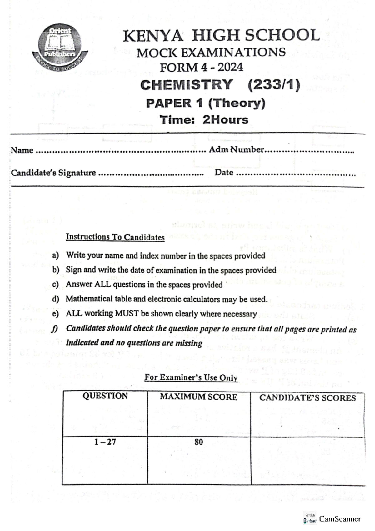 Chem-pp1-1 - Chemistry - Orient KENYA HIGH SCHOOL Publishers MOCK ...