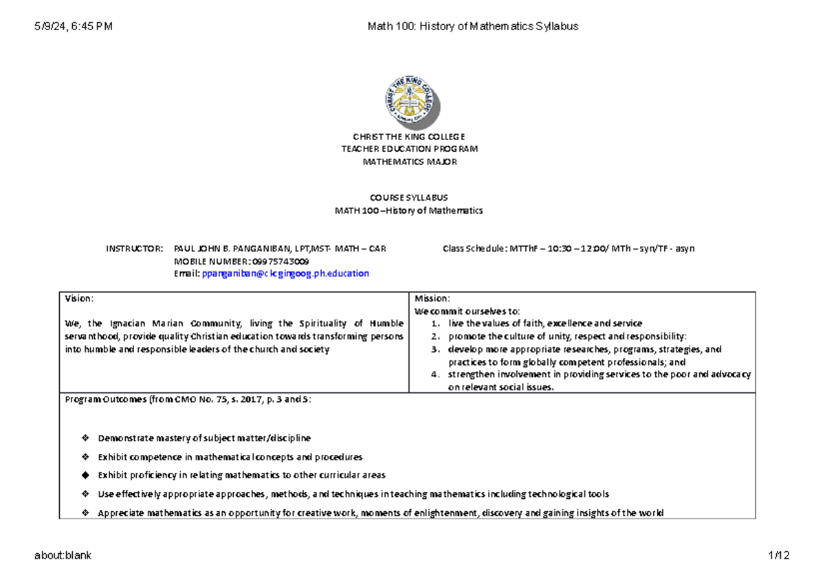 Math-100 -History-of-Mathematics-Syllabus - CHRIST THE KING COLLEGE ...