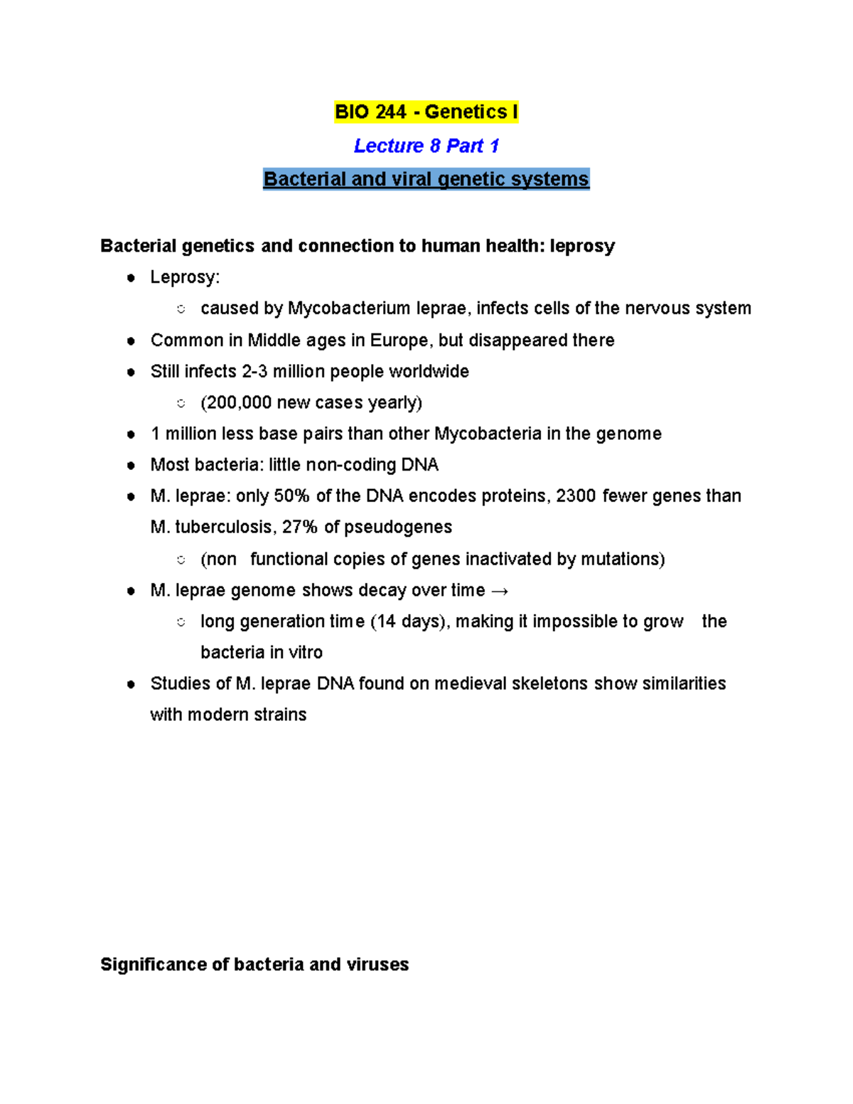 BIO 244 Lecture 8 Part 1 - Summer 2021 - BIO 244 - Genetics I Lecture 8 ...