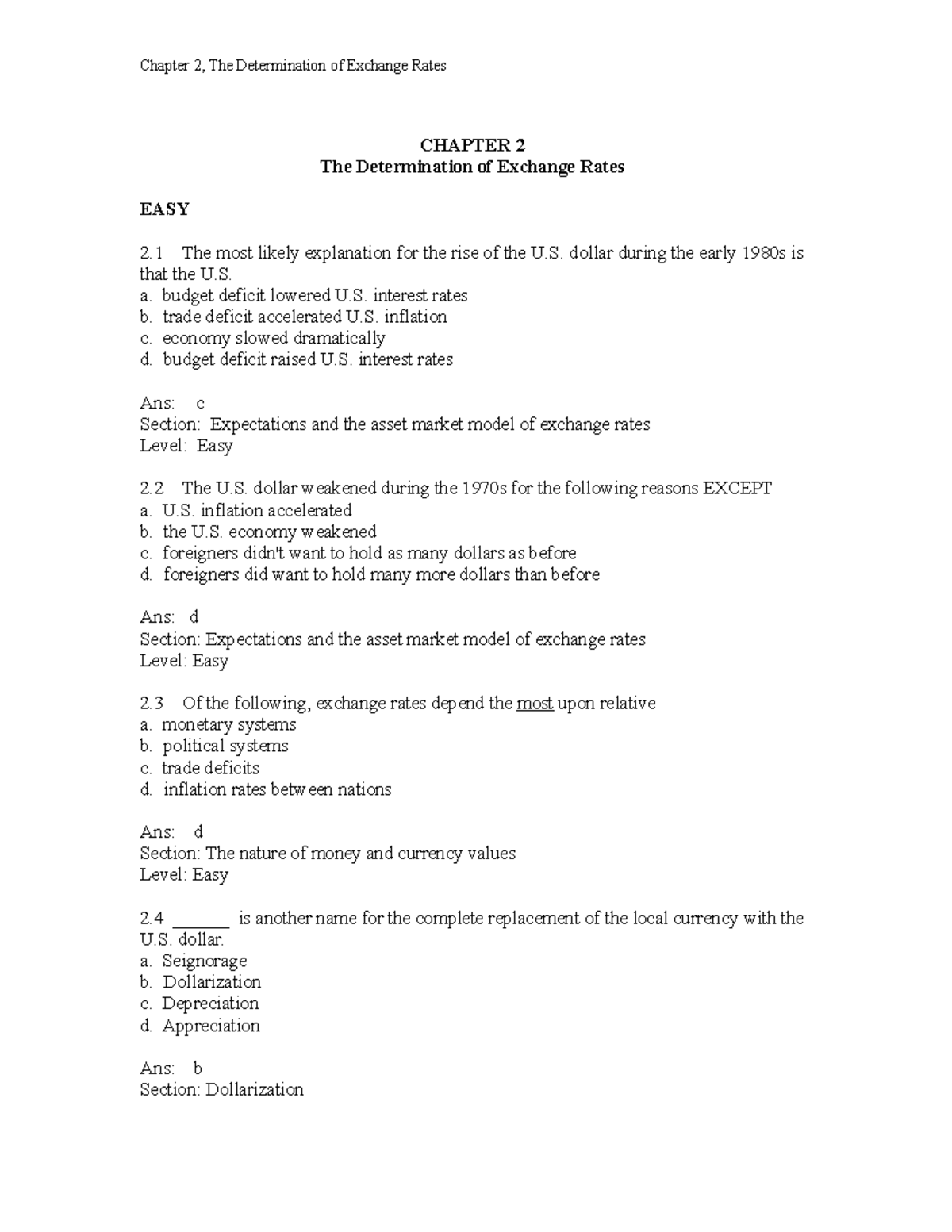 Ch02 - test bank - CHAPTER 2 The Determination of Exchange Rates EASY 2 ...