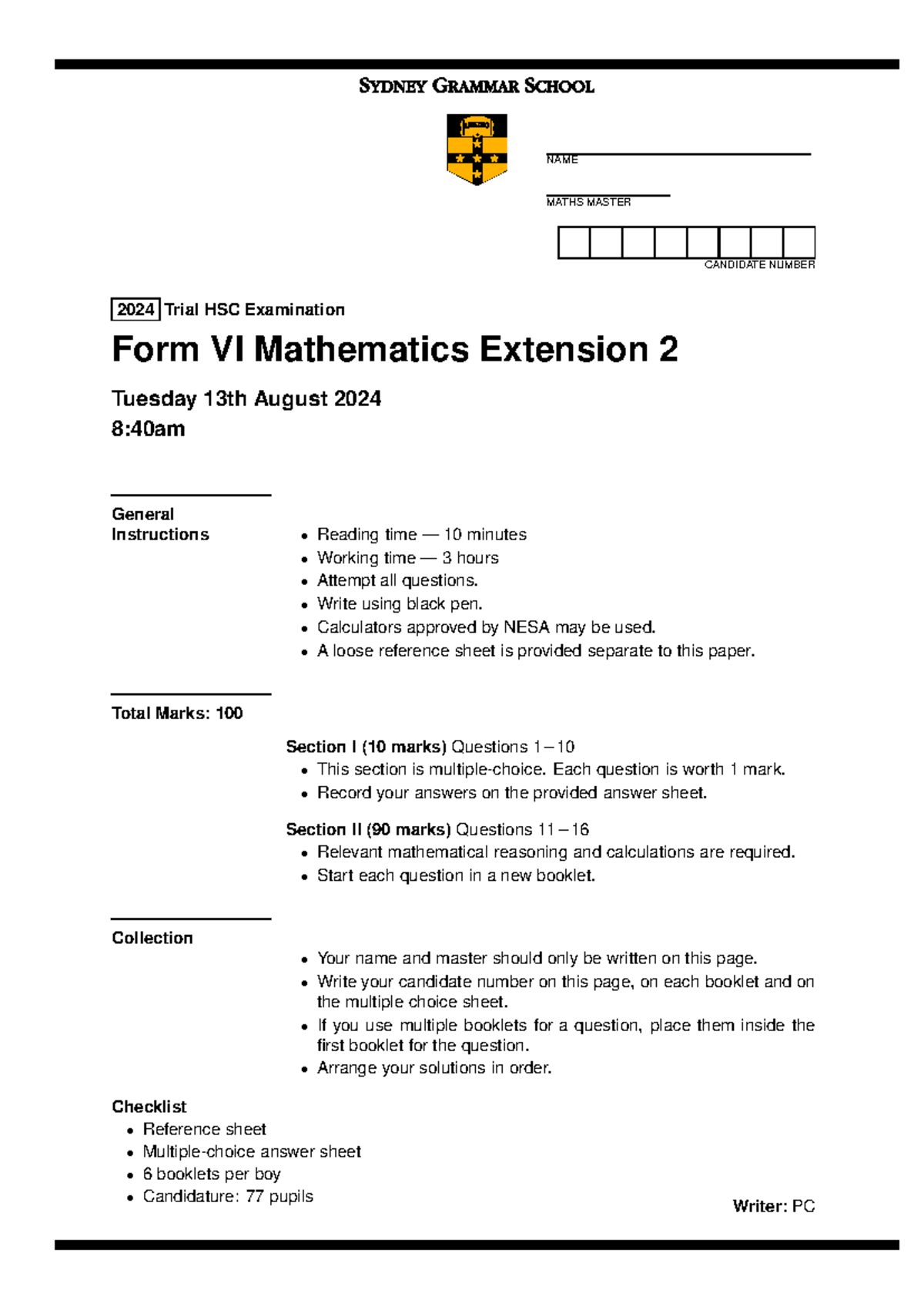 Sydney Grammar 2024 Extension 2 & Solutions - NAME MATHS MASTER ...