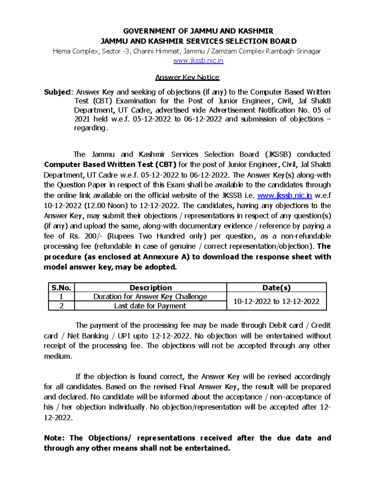 Answer Key Notice JE Civil 07122022 GOVERNMENT OF JAMMU AND KASHMIR
