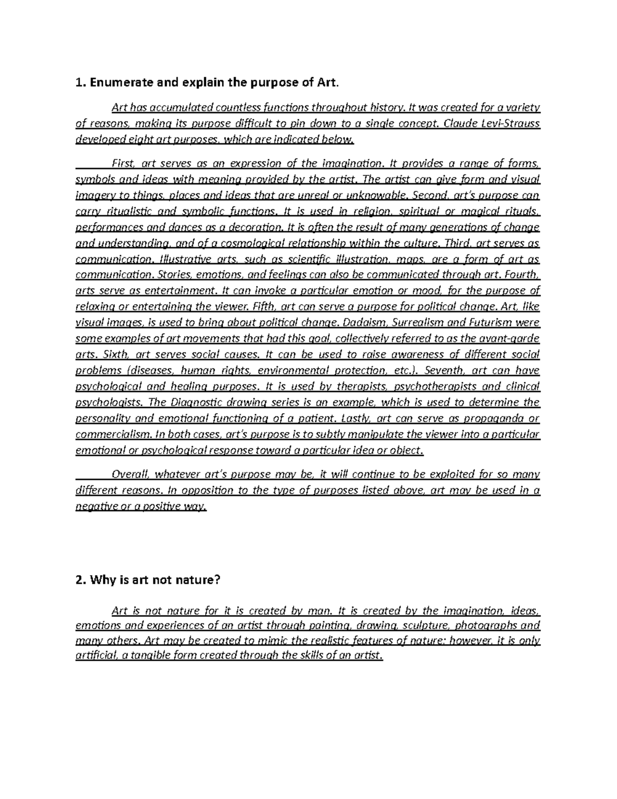 What is Art, Nature of Art, Purpose of Art 1. Enumerate and explain