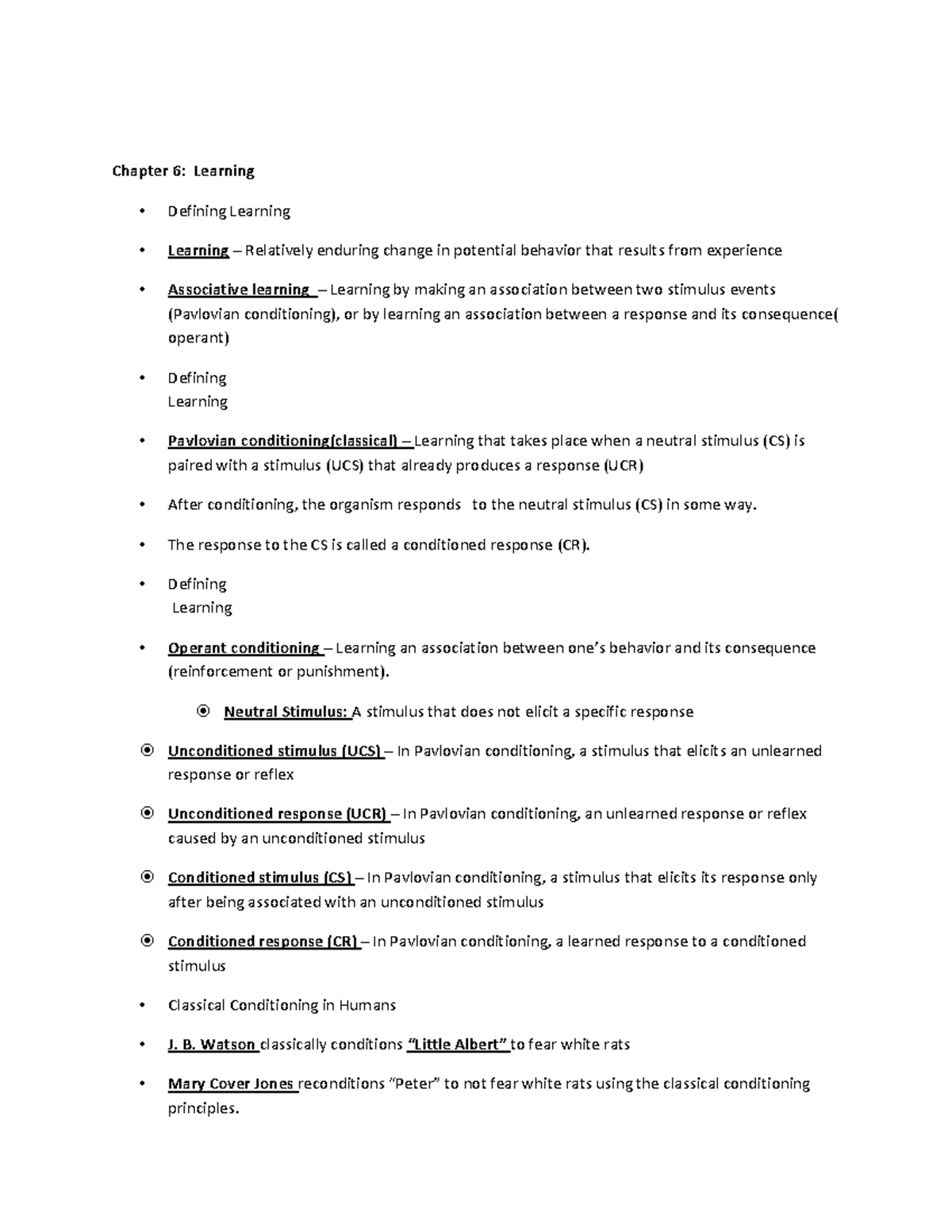 Chapter 6 Notes - Ch. 6 - Chapter 6: Learning Defining Learning ...