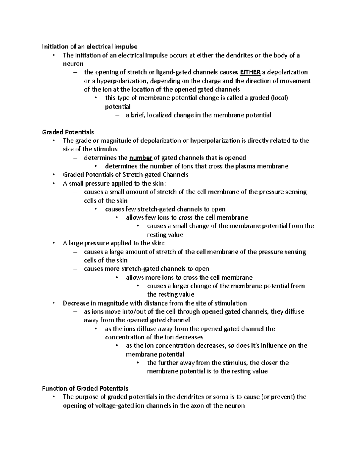 Nervous System Notes Part 3 Initiation of an electrical impulse The