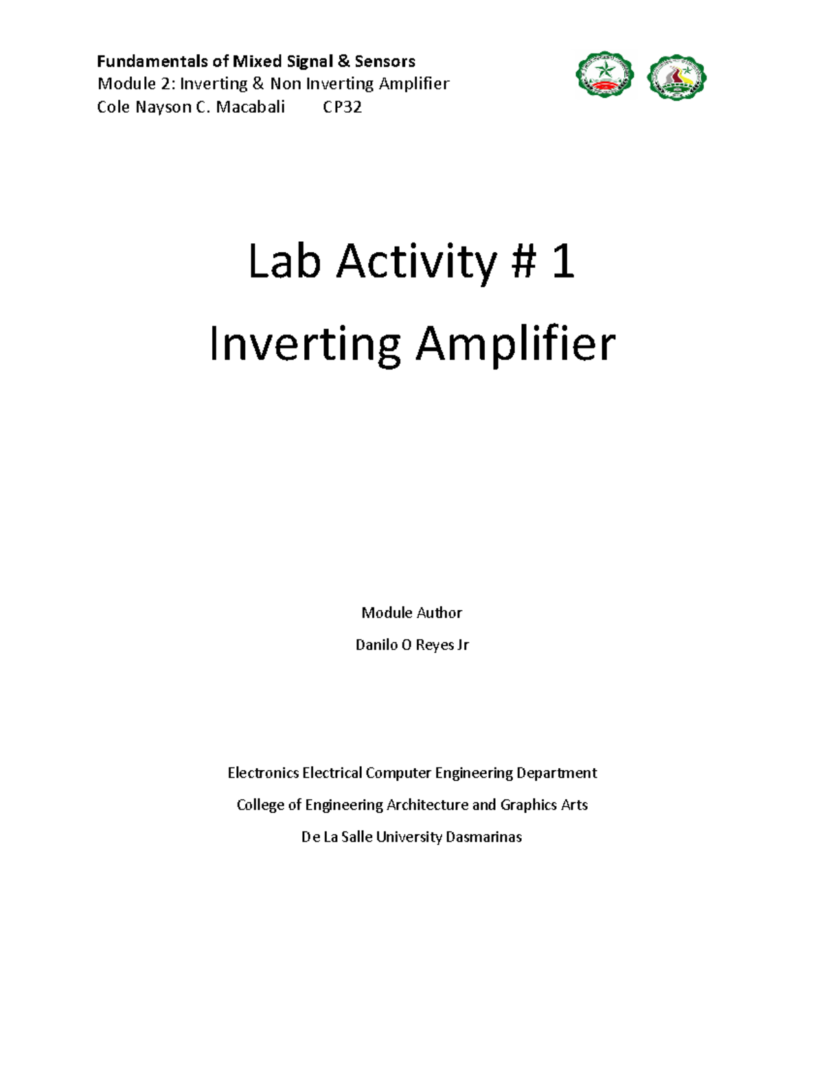 Lab Activity Inverting amplifier circuit Module 2 Inverting & Non