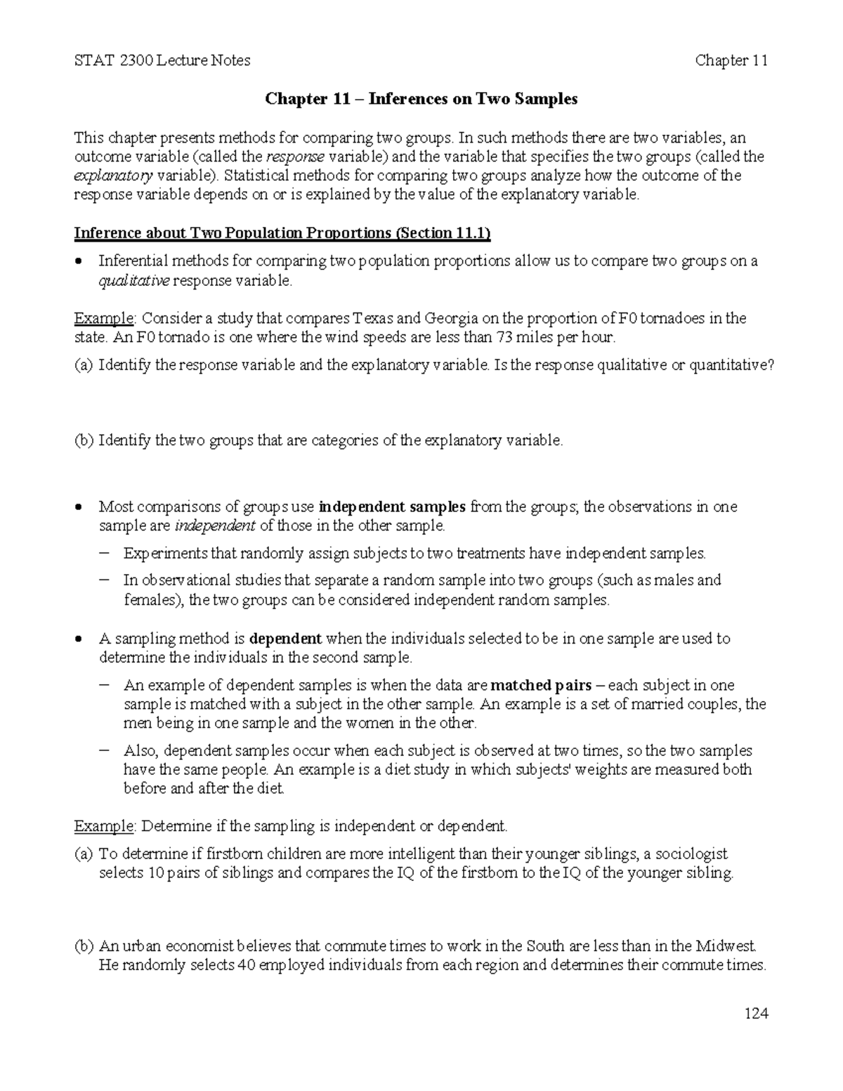 Chapter 11 Notes Fall 22 - Chapter 11 – Inferences on Two Samples This ...