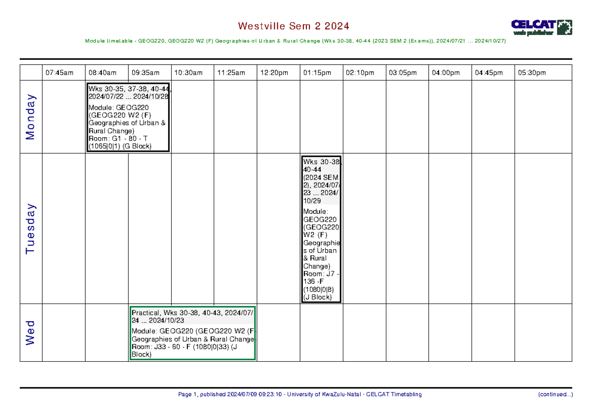 M2996 - PRATICAL TIMETABLE - Westville Sem 2 2024 Module timetable ...