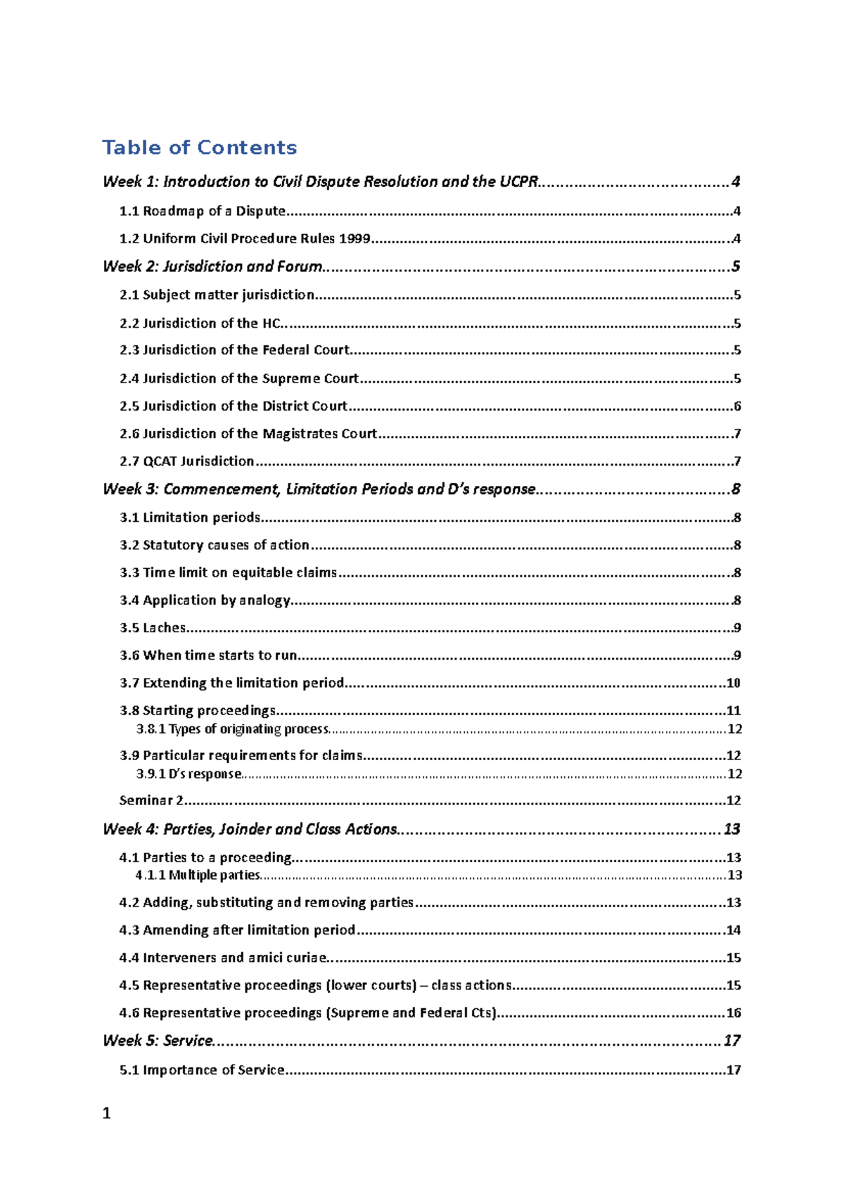 LAWS4701 Notes - Table of Contents Week 1: Introduction to Civil ...