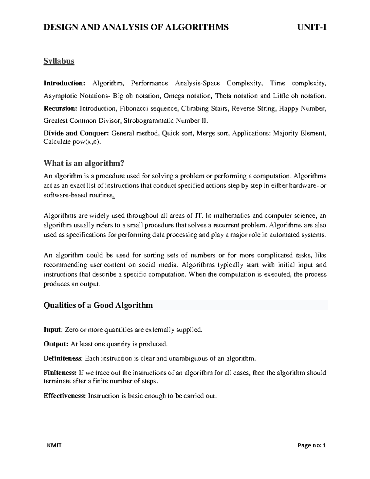 UNIT-1 Notes Till Day3 - dfghjnkl - Syllabus Introduction: Algorithm ...