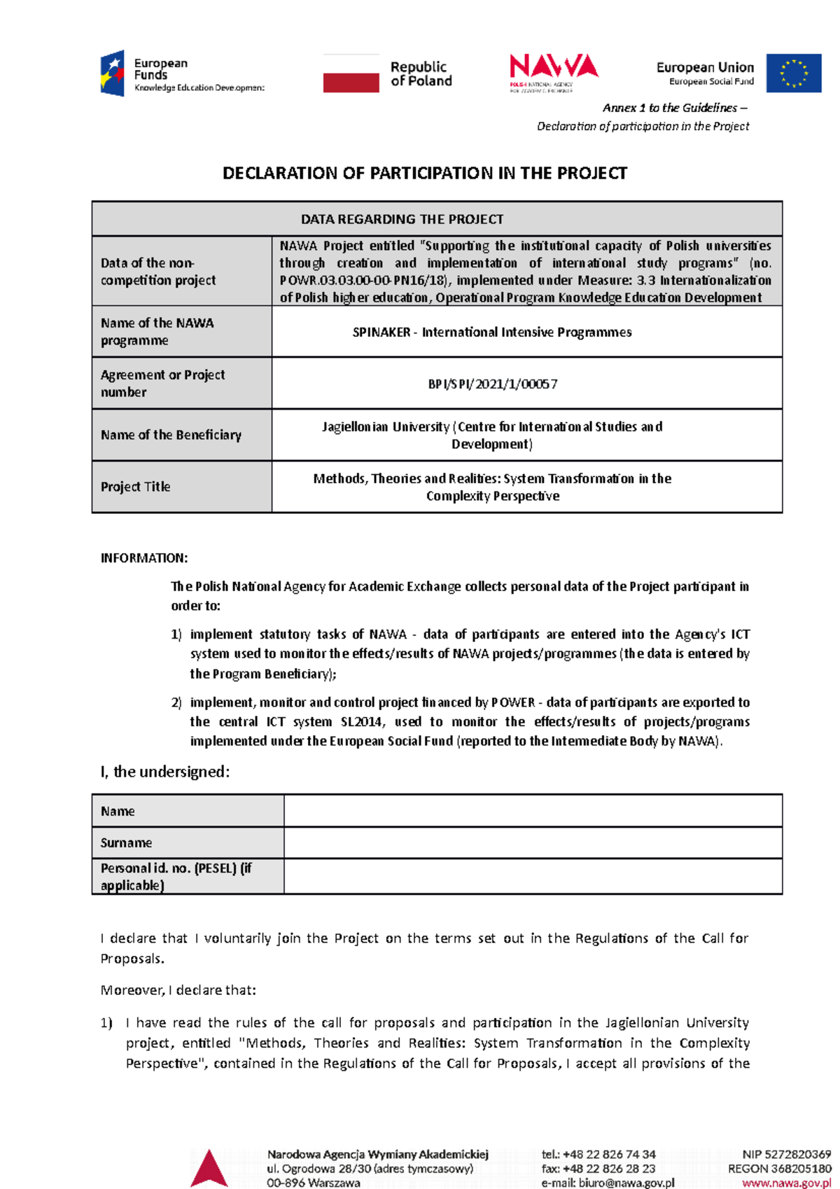 1. Project Participation Agreement - Annex 1 to the Guidelines ...