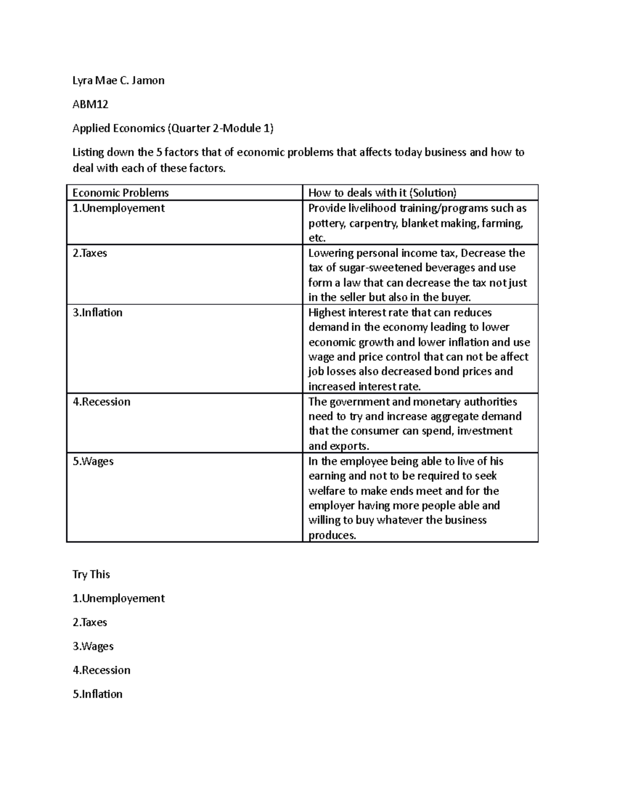 Applied Economics 2 Module 1 - Lyra Mae C. Jamon ABM Applied Economics ...